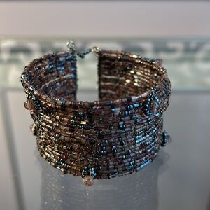 Boho sparkly purple plum wide open cuff memory wire glass beaded bracelet